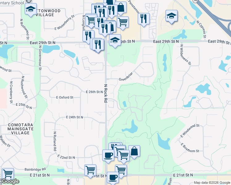 map of restaurants, bars, coffee shops, grocery stores, and more near 2685-2731 North Dublin Circle in Wichita