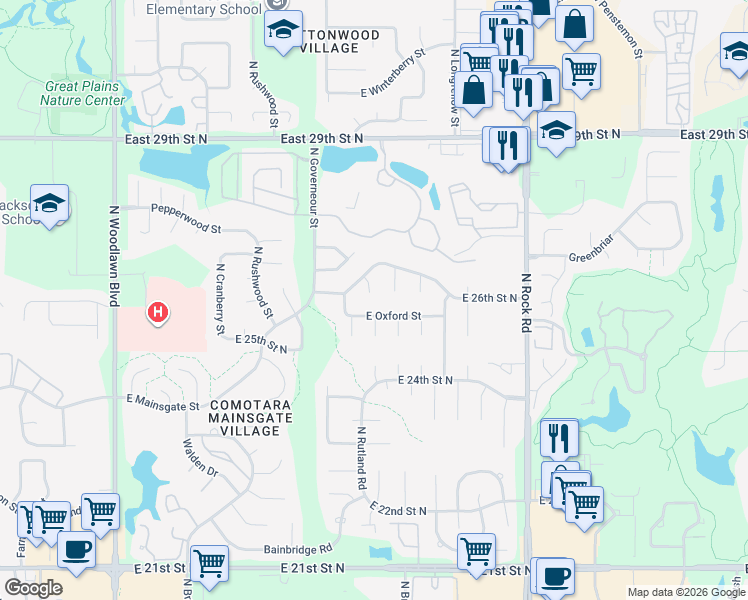 map of restaurants, bars, coffee shops, grocery stores, and more near 7337 26th Street Court in Wichita