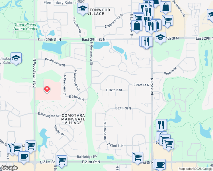 map of restaurants, bars, coffee shops, grocery stores, and more near 7337 26th Street Court in Wichita