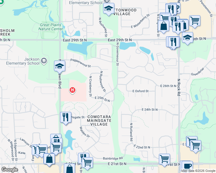 map of restaurants, bars, coffee shops, grocery stores, and more near 7018 Mainsgate Court in Wichita
