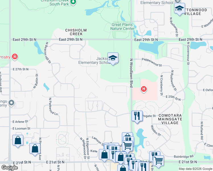 map of restaurants, bars, coffee shops, grocery stores, and more near 6028 East Ironhorse Circle in Wichita