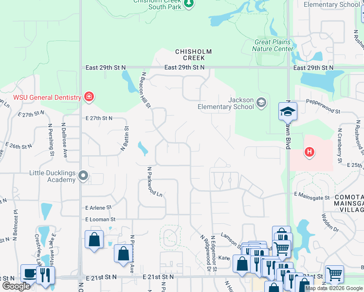 map of restaurants, bars, coffee shops, grocery stores, and more near 2730 North Beacon Hill Court in Wichita