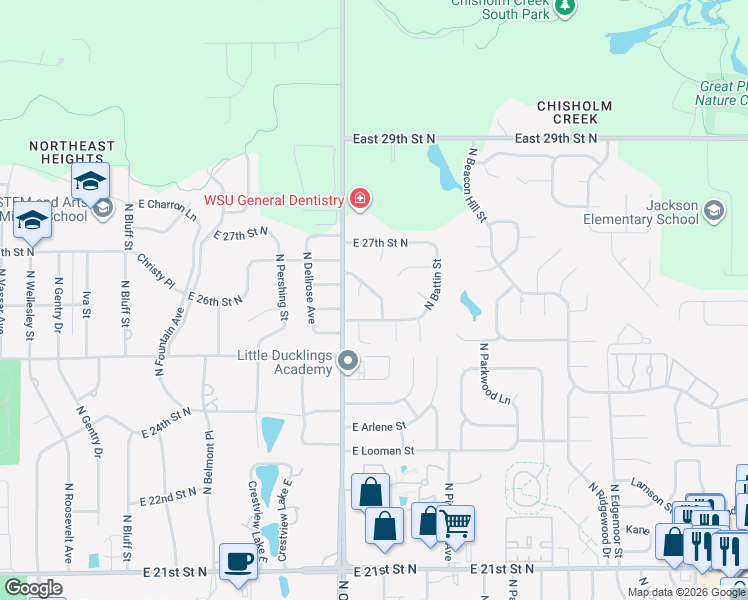 map of restaurants, bars, coffee shops, grocery stores, and more near 2613-2699 N Glendale St in Wichita