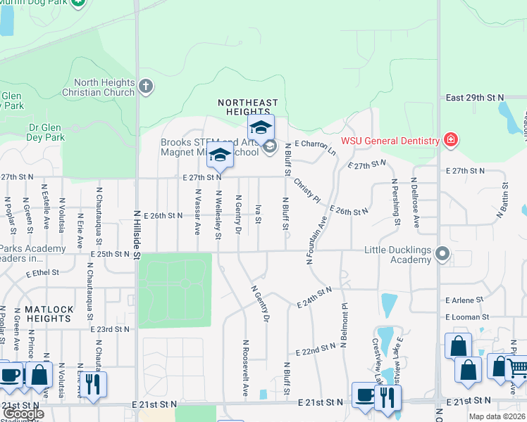 map of restaurants, bars, coffee shops, grocery stores, and more near 2716 Iva Street in Wichita