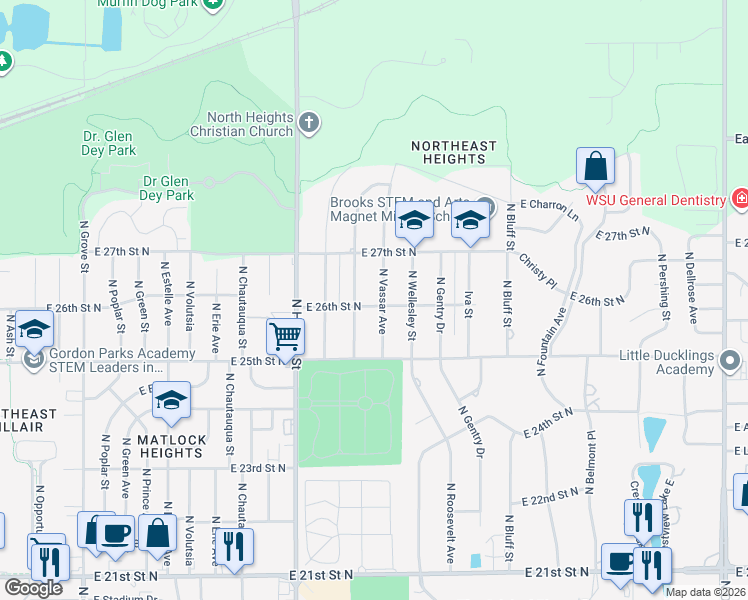 map of restaurants, bars, coffee shops, grocery stores, and more near 2722 Fairmount Street in Wichita