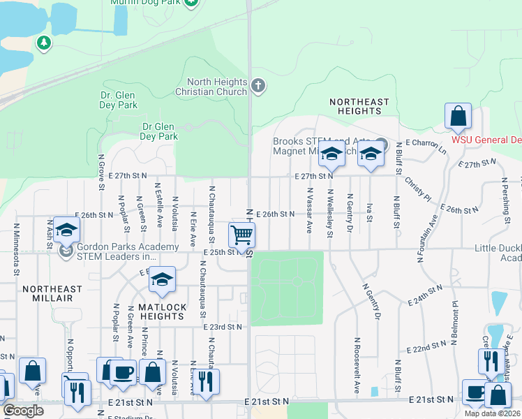 map of restaurants, bars, coffee shops, grocery stores, and more near 2725 North Hillside Street in Wichita