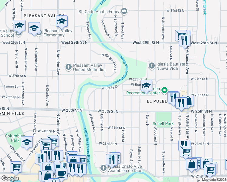 map of restaurants, bars, coffee shops, grocery stores, and more near 1600-1648 West Brady in Wichita