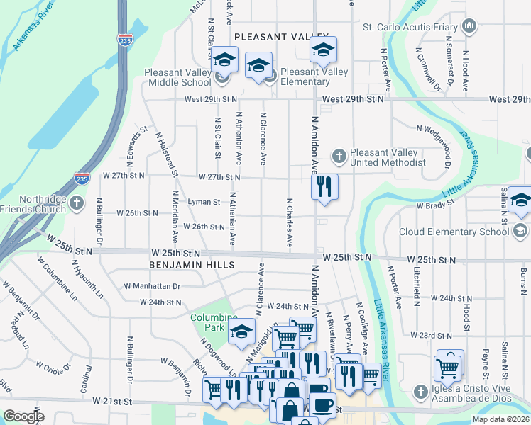 map of restaurants, bars, coffee shops, grocery stores, and more near 2719 N Clarence Ave in Wichita