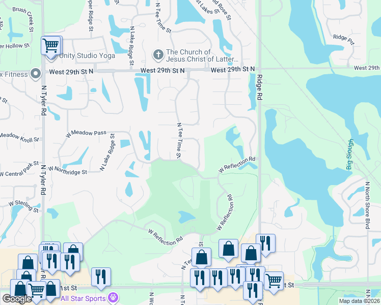 map of restaurants, bars, coffee shops, grocery stores, and more near 2650 N Tee Time Ct in Wichita