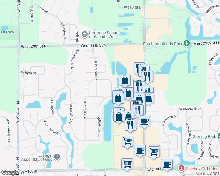 map of restaurants, bars, coffee shops, grocery stores, and more near 2718 North Stoney Point Street in Wichita