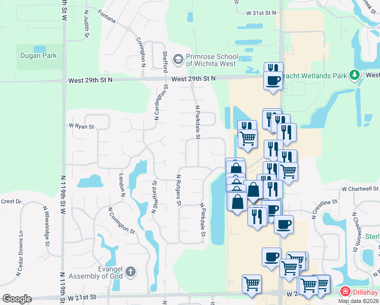 map of restaurants, bars, coffee shops, grocery stores, and more near 2723 North Parkdale Street in Wichita