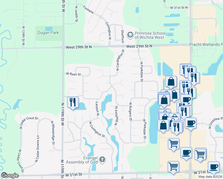 map of restaurants, bars, coffee shops, grocery stores, and more near 2711 North Shefford Court in Wichita