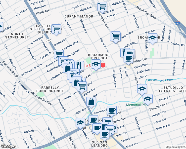 map of restaurants, bars, coffee shops, grocery stores, and more near 205 Dutton Avenue in San Leandro