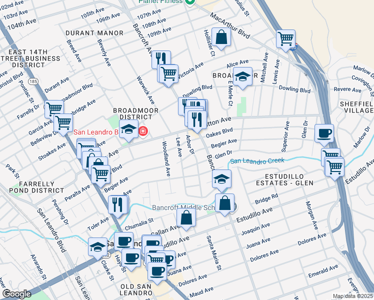 map of restaurants, bars, coffee shops, grocery stores, and more near 575 Oakes Boulevard in San Leandro