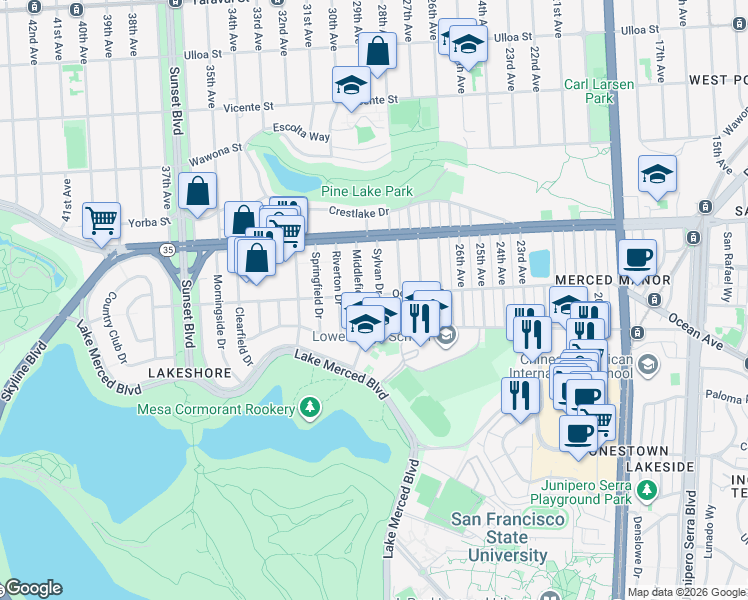 map of restaurants, bars, coffee shops, grocery stores, and more near 3801 Ocean Avenue in San Francisco