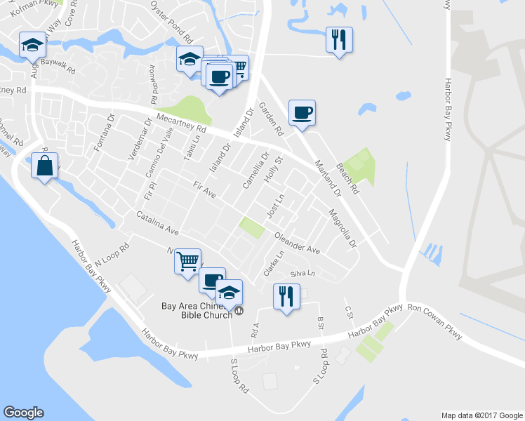 map of restaurants, bars, coffee shops, grocery stores, and more near 3416 Redhook Lane in Alameda