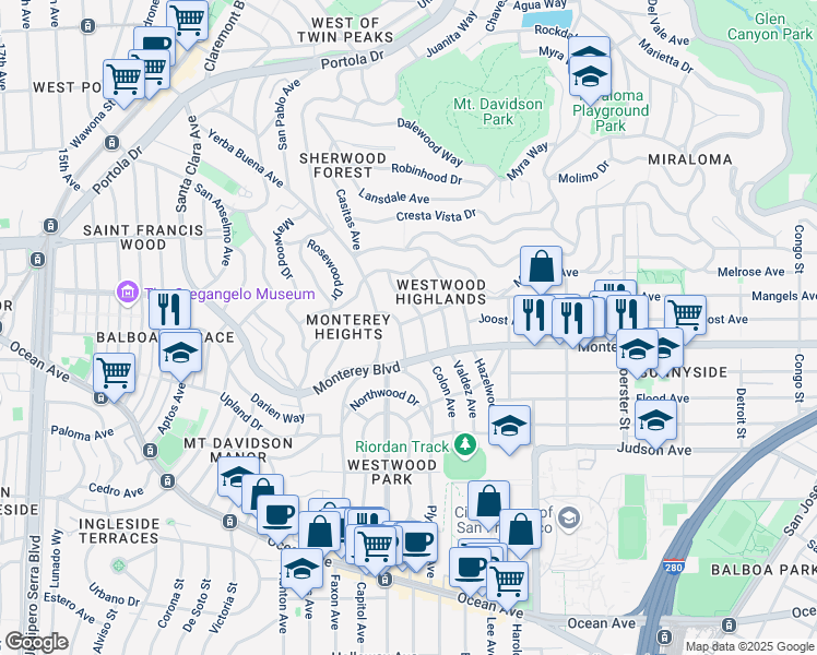 map of restaurants, bars, coffee shops, grocery stores, and more near 401 Colon Avenue in San Francisco