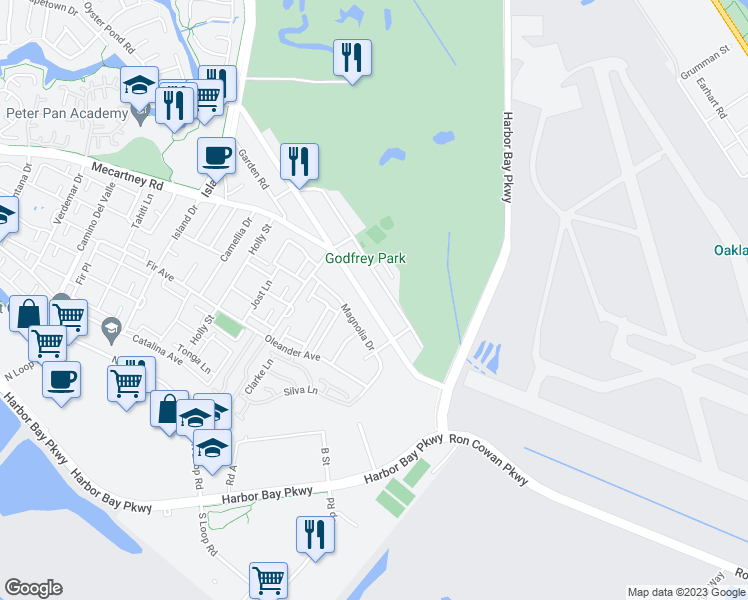 map of restaurants, bars, coffee shops, grocery stores, and more near 329 Maitland Drive in Alameda