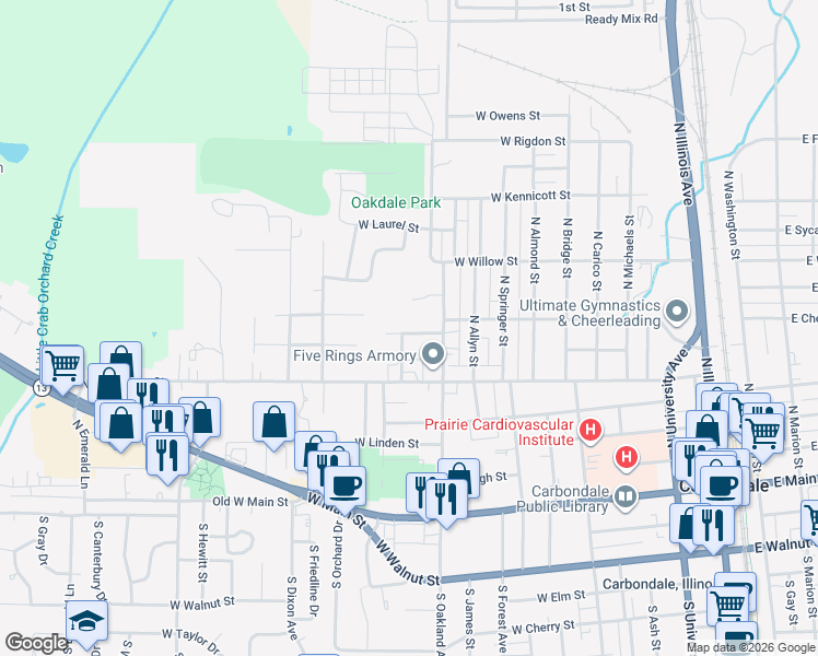 map of restaurants, bars, coffee shops, grocery stores, and more near 906 West McDaniel Street in Carbondale