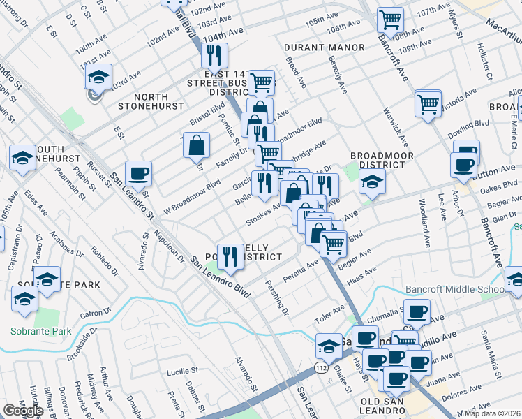 map of restaurants, bars, coffee shops, grocery stores, and more near 252 Stoakes Avenue in San Leandro