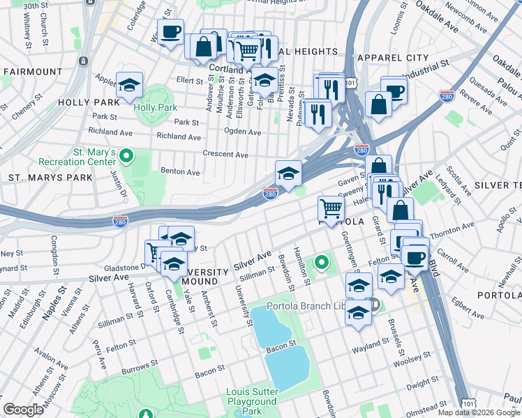 map of restaurants, bars, coffee shops, grocery stores, and more near 400 Gaven Street in San Francisco