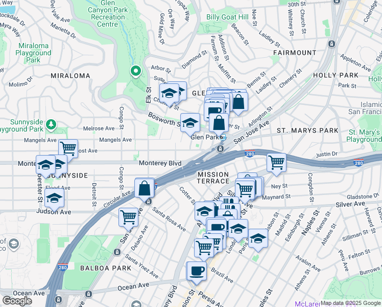 map of restaurants, bars, coffee shops, grocery stores, and more near 40 Joost Avenue in San Francisco