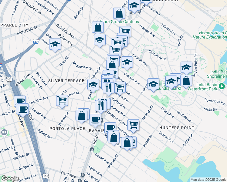 map of restaurants, bars, coffee shops, grocery stores, and more near Revere Avenue in San Francisco