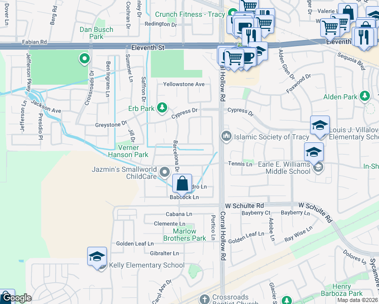 map of restaurants, bars, coffee shops, grocery stores, and more near 2149 Frank Blondin Lane in Tracy