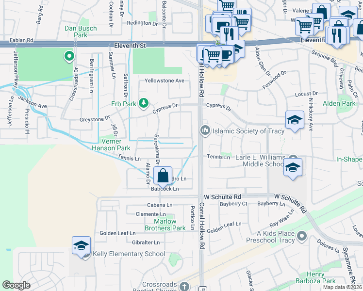 map of restaurants, bars, coffee shops, grocery stores, and more near 2102 Golden Gate Drive in Tracy