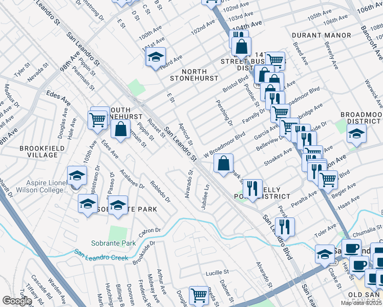 map of restaurants, bars, coffee shops, grocery stores, and more near 11047 Apricot Street in Oakland