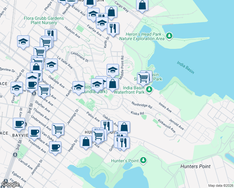 map of restaurants, bars, coffee shops, grocery stores, and more near 17 Bertha Lane in San Francisco