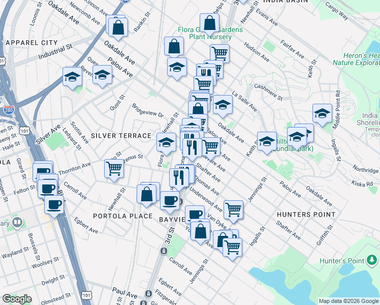 map of restaurants, bars, coffee shops, grocery stores, and more near 2 Latona Street in San Francisco