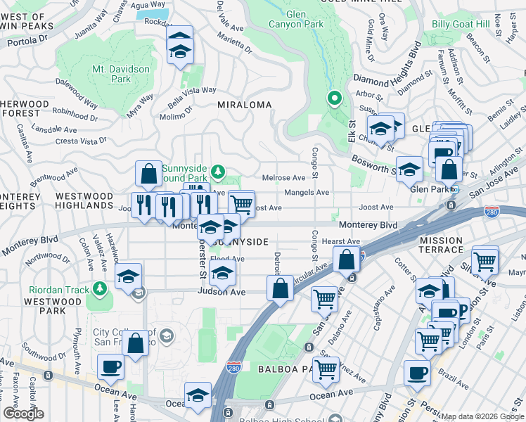 map of restaurants, bars, coffee shops, grocery stores, and more near 426 Joost Avenue in San Francisco