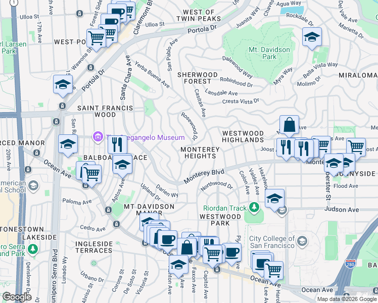 map of restaurants, bars, coffee shops, grocery stores, and more near 283 Brentwood Avenue in San Francisco