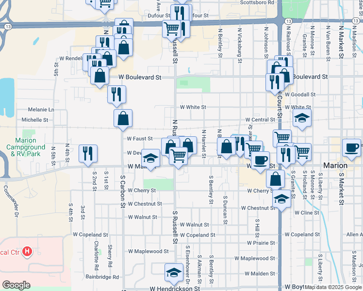 map of restaurants, bars, coffee shops, grocery stores, and more near 1300-1398 West Lee Avenue in Marion