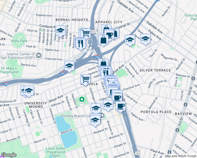 map of restaurants, bars, coffee shops, grocery stores, and more near 116 Hale Street in San Francisco