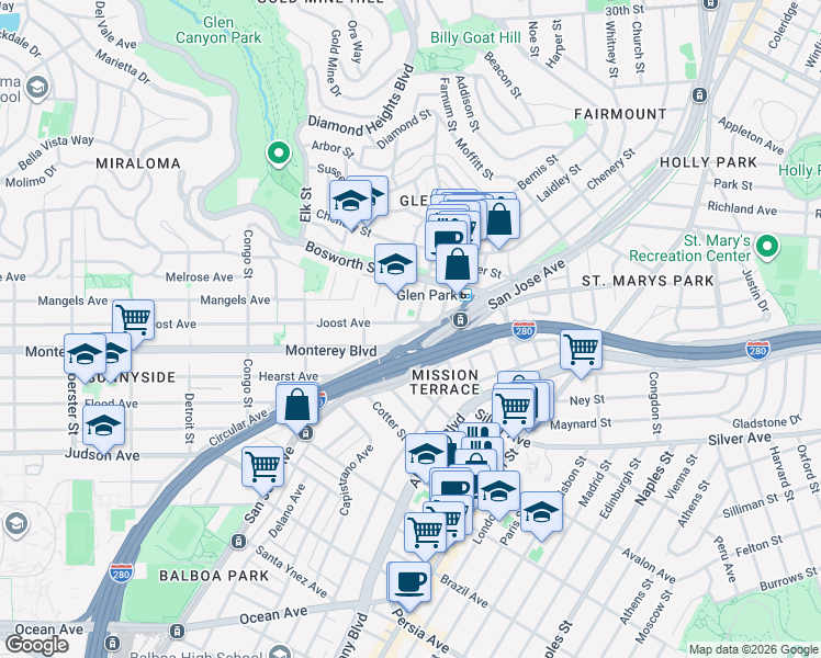 map of restaurants, bars, coffee shops, grocery stores, and more near 40 Joost Avenue in San Francisco