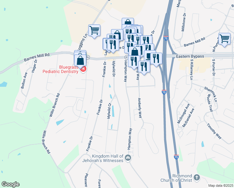 map of restaurants, bars, coffee shops, grocery stores, and more near 1023 Idylwild Drive in Richmond