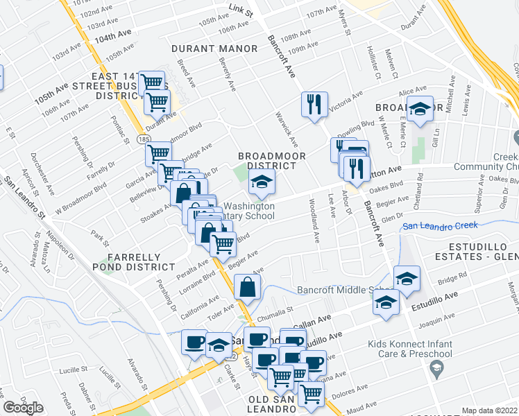 map of restaurants, bars, coffee shops, grocery stores, and more near 225 Dutton Avenue in San Leandro