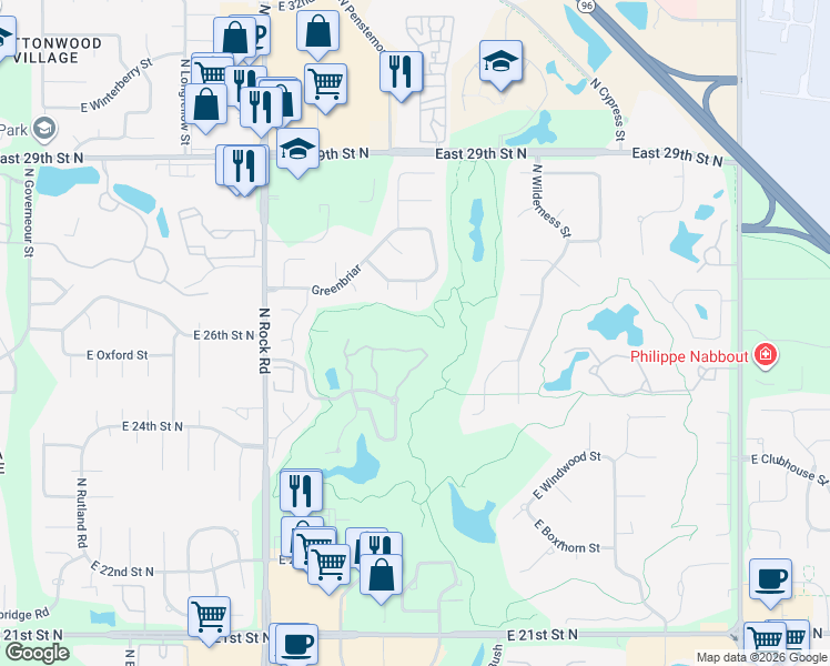 map of restaurants, bars, coffee shops, grocery stores, and more near 8519 East Greenbriar Court in Wichita
