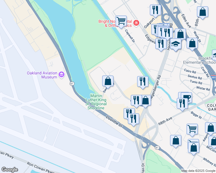 map of restaurants, bars, coffee shops, grocery stores, and more near 151 Swan Way in Oakland