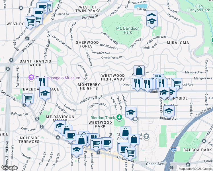 map of restaurants, bars, coffee shops, grocery stores, and more near 401 Colon Avenue in San Francisco