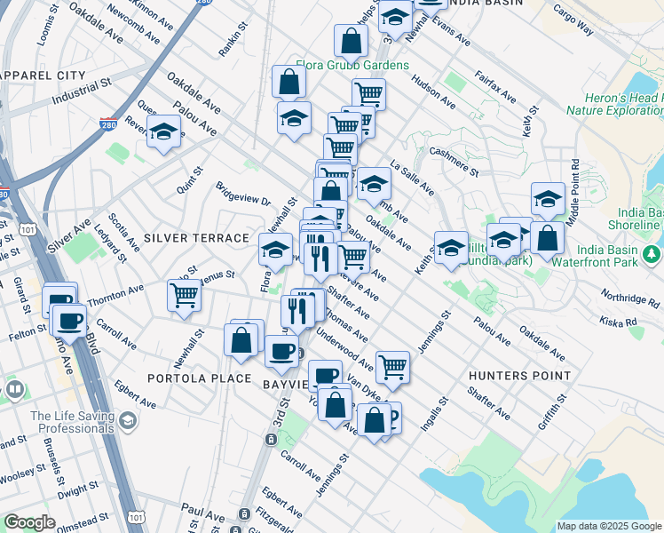 map of restaurants, bars, coffee shops, grocery stores, and more near Revere Avenue in San Francisco