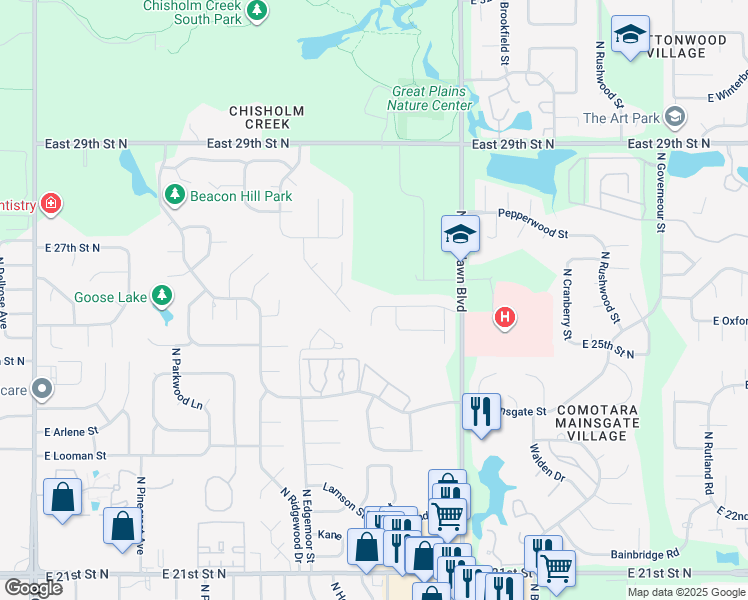 map of restaurants, bars, coffee shops, grocery stores, and more near 6028 East Ironhorse Circle in Wichita