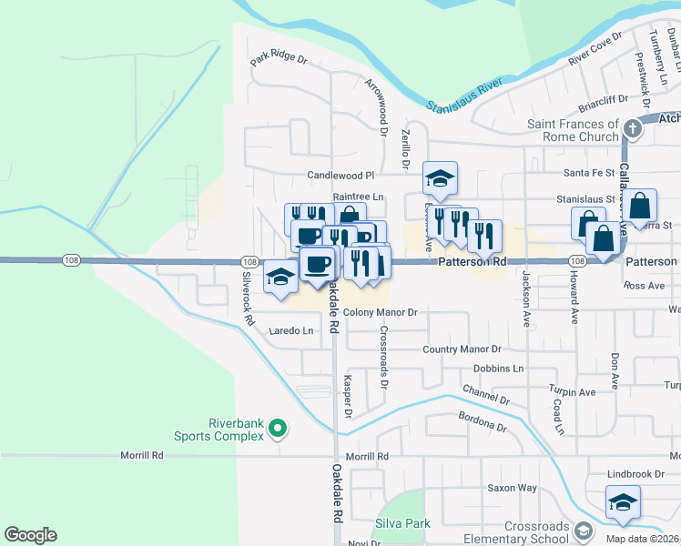 map of restaurants, bars, coffee shops, grocery stores, and more near 2200 Patterson Road in Riverbank