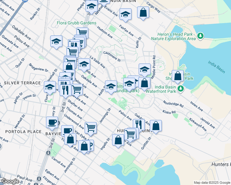 map of restaurants, bars, coffee shops, grocery stores, and more near 5 Commer Court in San Francisco