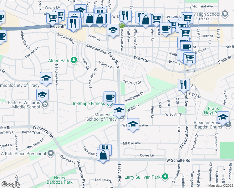 map of restaurants, bars, coffee shops, grocery stores, and more near 611 Tennis Lane in Tracy