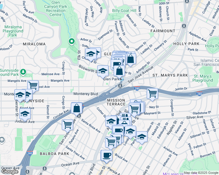 map of restaurants, bars, coffee shops, grocery stores, and more near 2 Monterey Boulevard in San Francisco