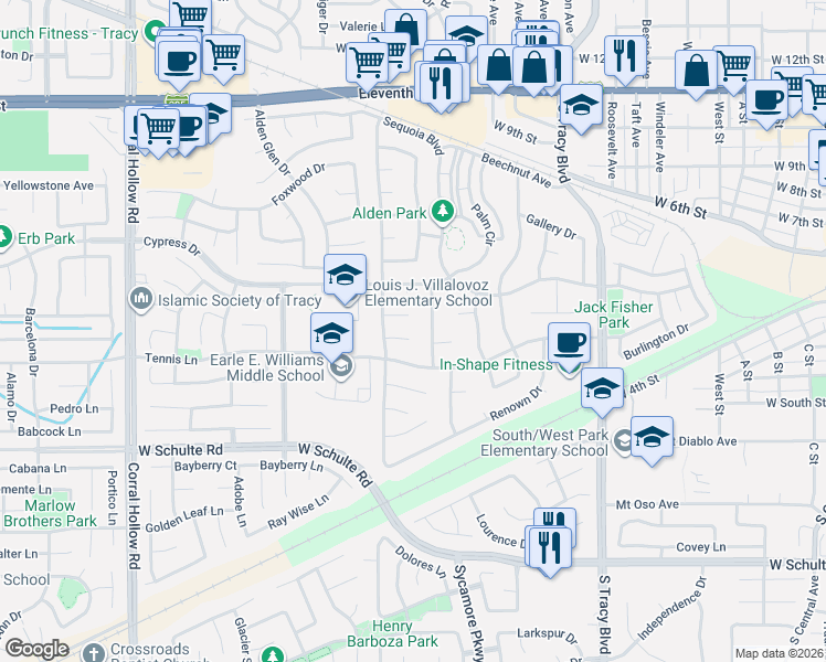 map of restaurants, bars, coffee shops, grocery stores, and more near 273 Redwood Avenue in Tracy
