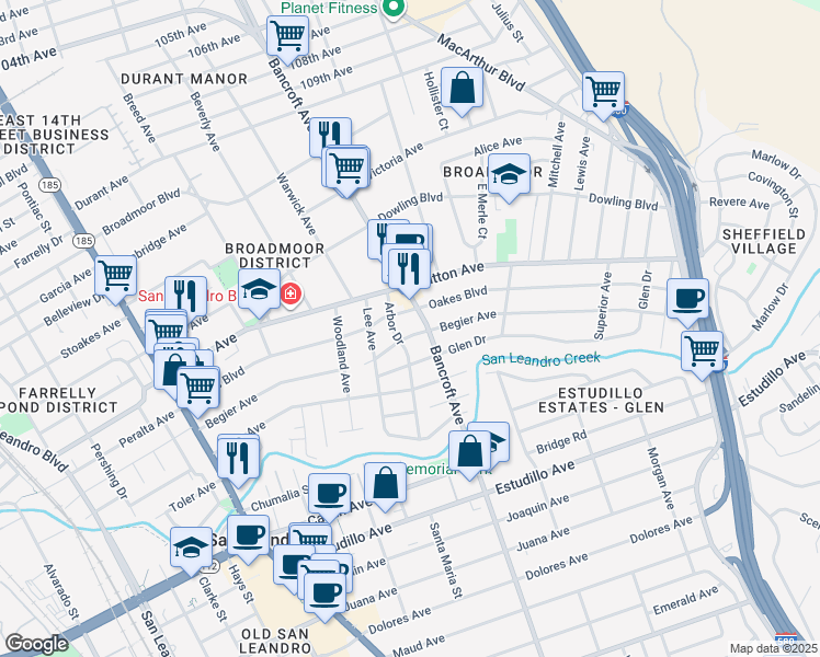 map of restaurants, bars, coffee shops, grocery stores, and more near 576 Begier Avenue in San Leandro